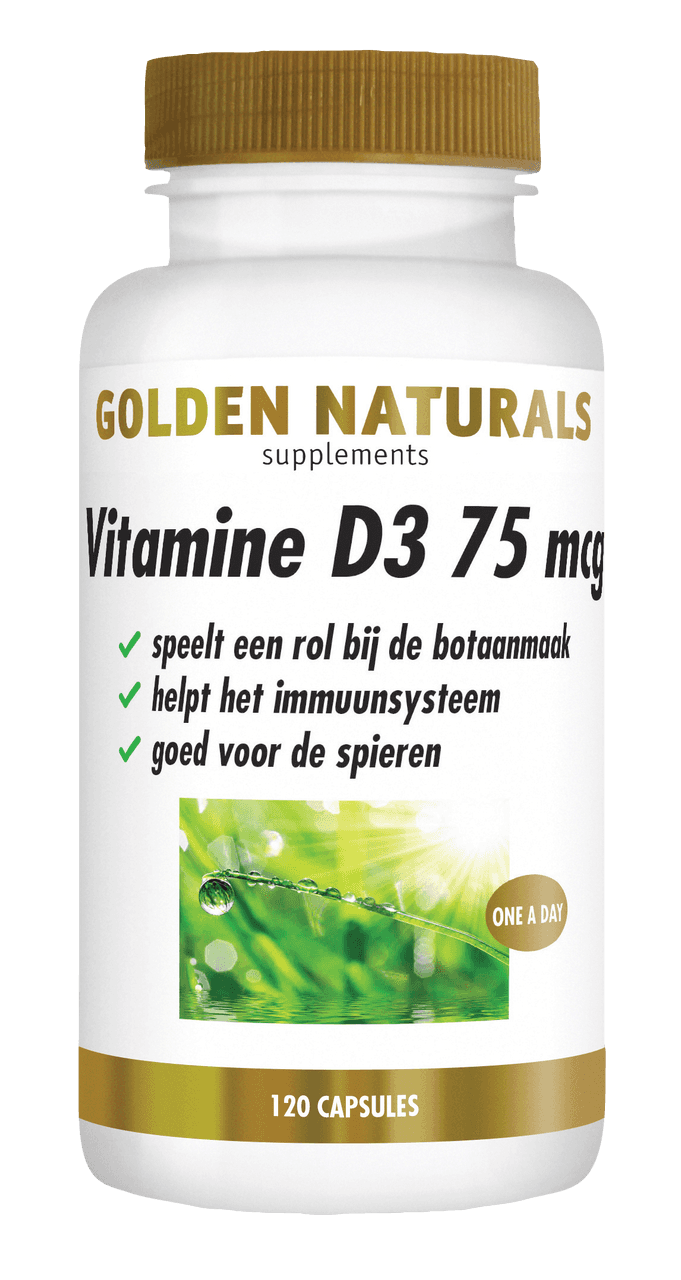 Golden Naturals Vitamine D3 75 mcg, wit flesje met gouden deksel en etiket.