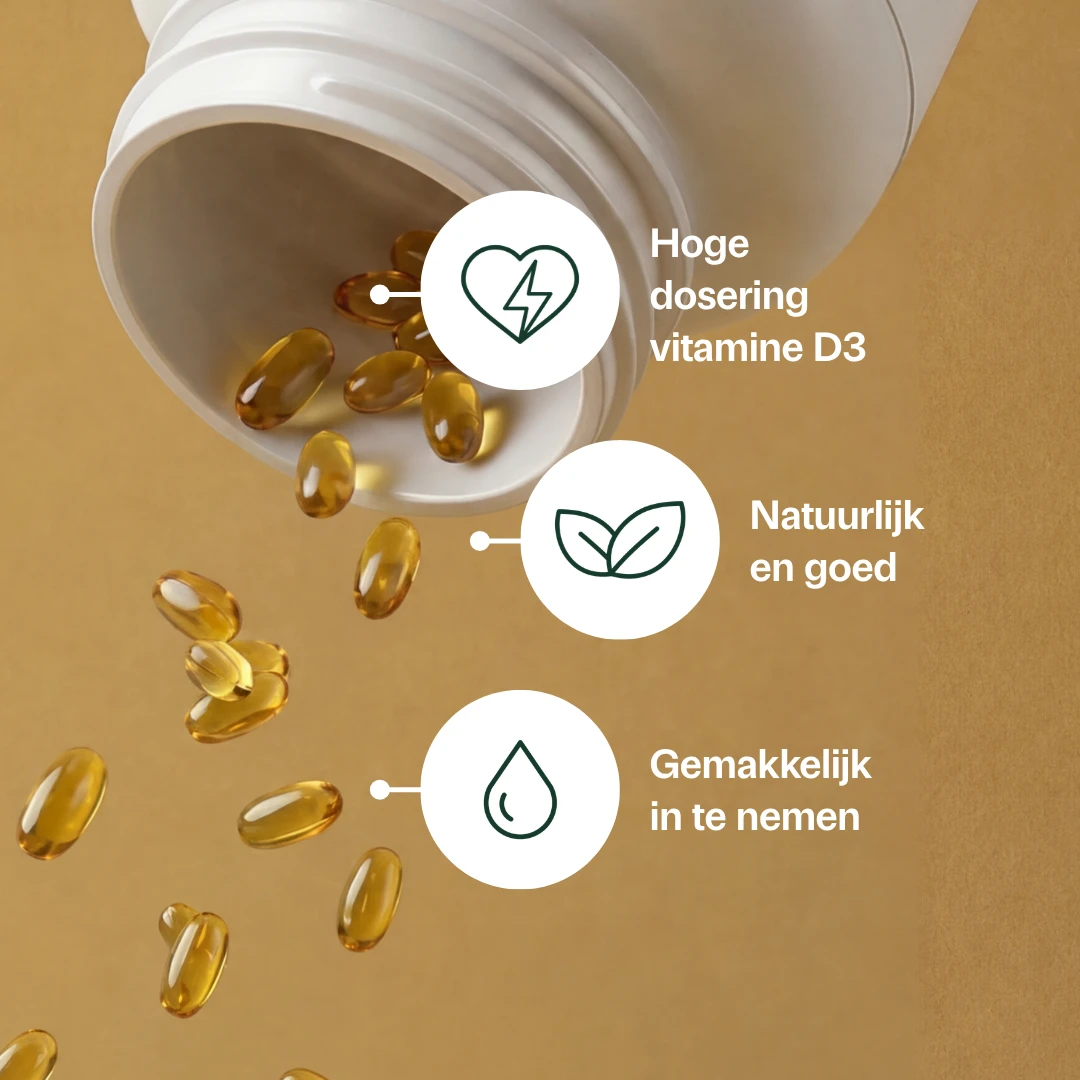 Golden Naturals Vitamine D3 75 mcg supplement capsules in een witte fles op bruine achtergrond.