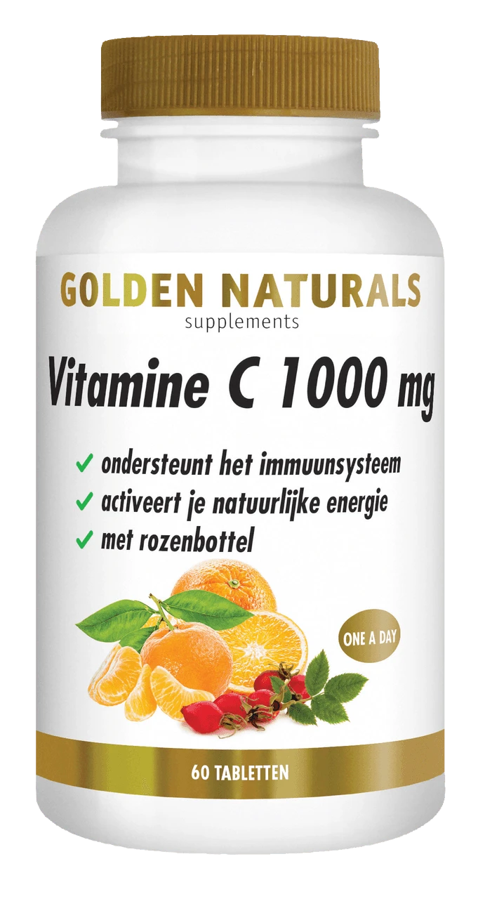 Golden Naturals Vitamine C 1000 mg met rozenbottel, witte fles met gouden deksel en label.
