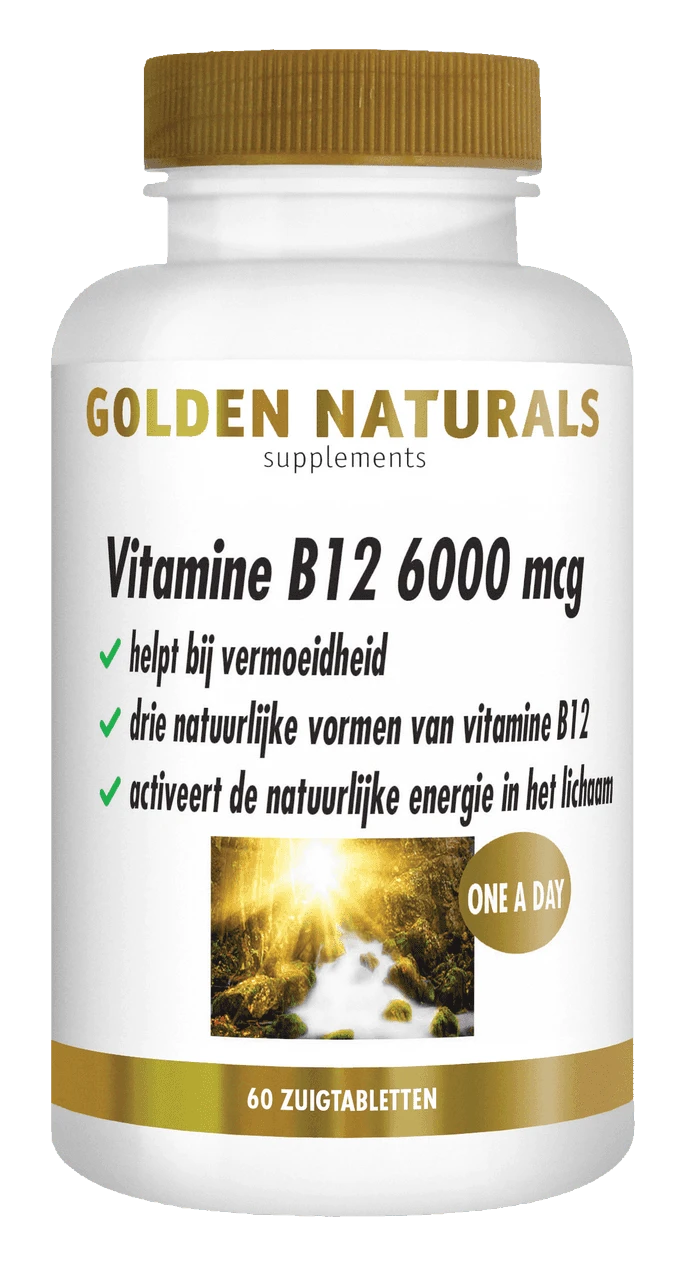 Golden Naturals Vitamine B12 6000 mcg, witte fles met gouden deksel en etiket.