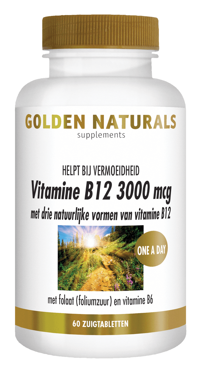 Golden Naturals Vitamine B12 3000 mcg, 60 zuigtabletten, wit flesje met gouden deksel en label.