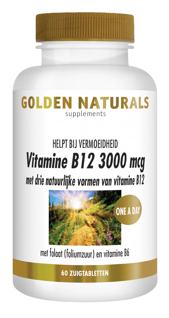Golden Naturals Vitamine B12 3000 mcg, 60 zuigtabletten, wit flesje met gouden deksel en label.