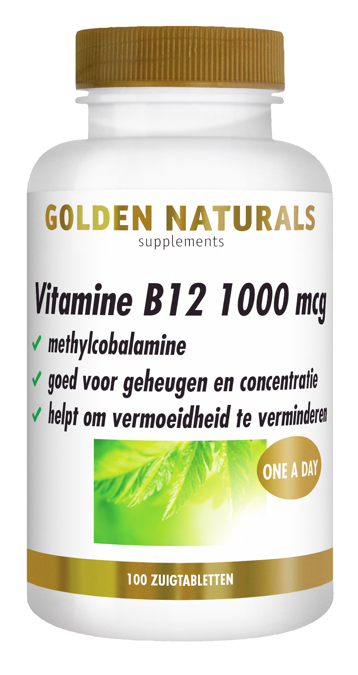 Golden Naturals Vitamine B12 1000 mcg, witte fles met gouden deksel en etiket.