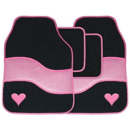Pink & Black Velour Love Heart Carpet Car Floor Mats