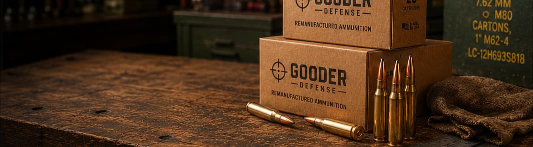 Gooder Defense remanufactured ammunition in plain kraft boxes on a workbench
