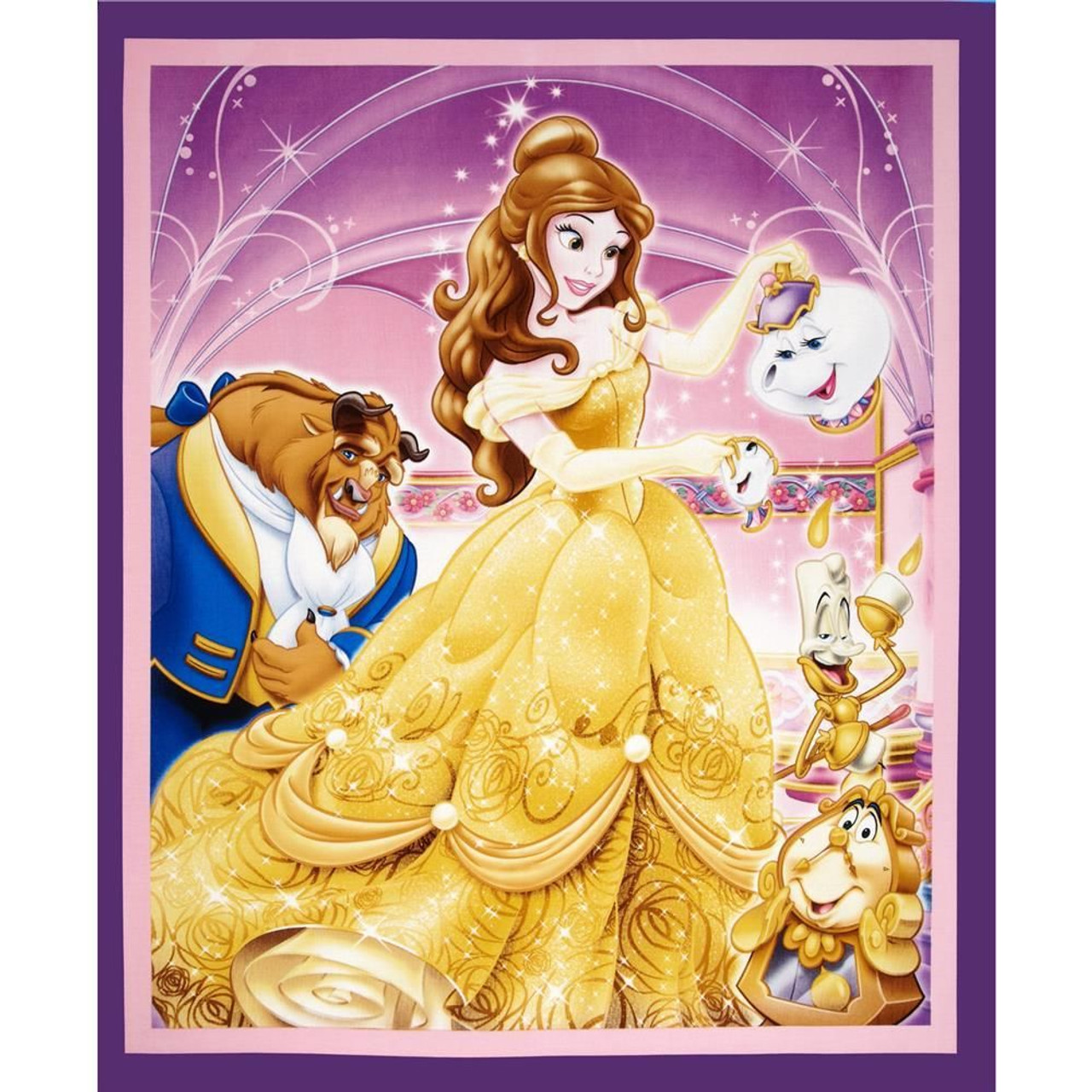 Disney Beauty and The Beast Purple Cotton Quilting Fabric Panel