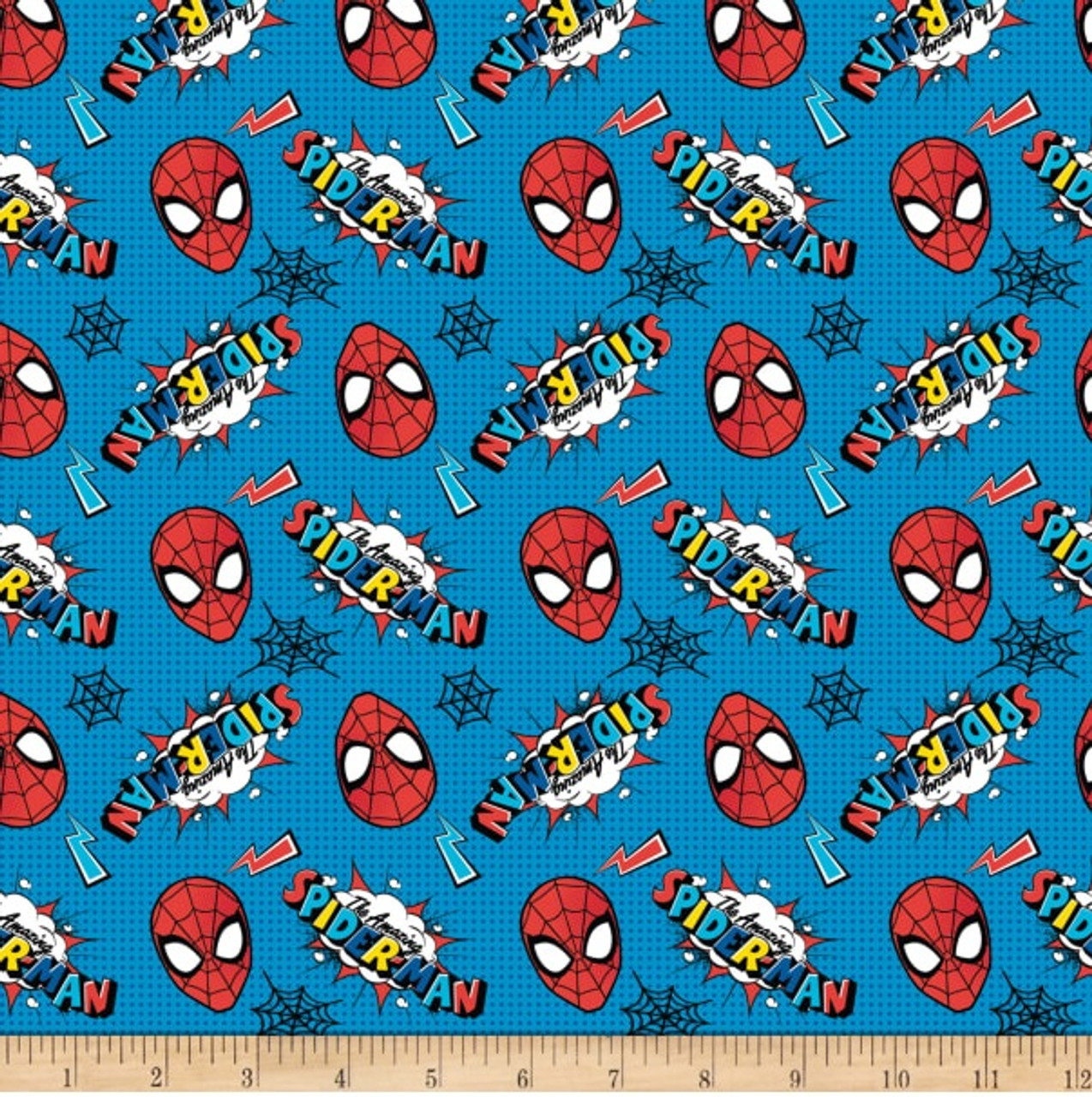 Marvel Comics Kawaii Spiderman Logo and Head Toss Aqua Cotton Quilting  Fabric