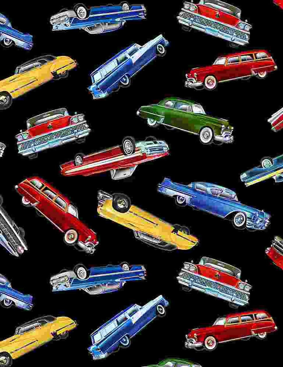 Antique Car Show Classic Cars Tossed Black Cotton Quilting Fabric