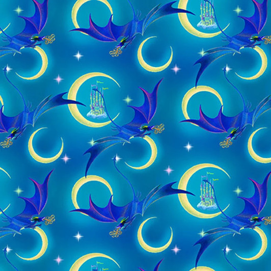 Rainbow Dragon Flying Dragons Moons Castles Cyan Background 5844S-76 Cotton Quilting Fabric