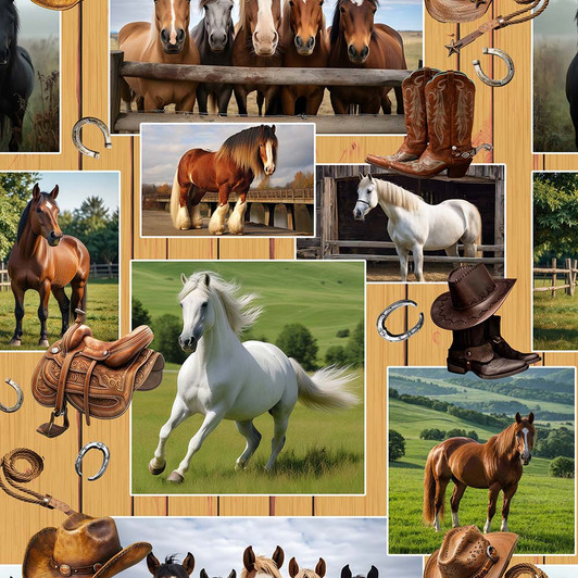 Running Free Horses Saddles Boots Mixed Collage 4124D Cotton Quilting Fabric