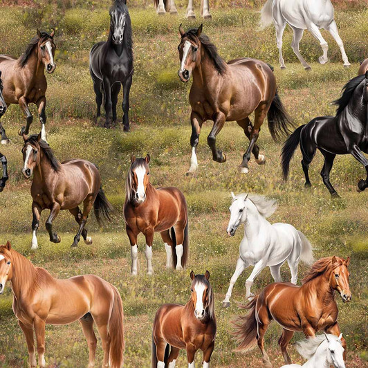 Running Free Horses Grass Background 4124F Cotton Quilting Fabric