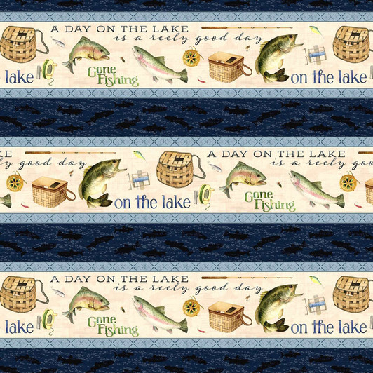 Gone Fishing Lake Fishing Border Stripe 21761-417 Cotton Quilting Fabric Gone Fishing Lake Fishing Border Stripe 21761-417 Cotton Quilting Fabric