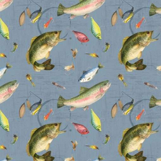 Gone Fishing Fish and Lures Blue 21763-475 Cotton Quilting Fabric