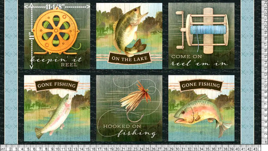Gone Fishing Lake Fishing 24 inch 21760-479 Block Cotton Quilting Fabric Panel