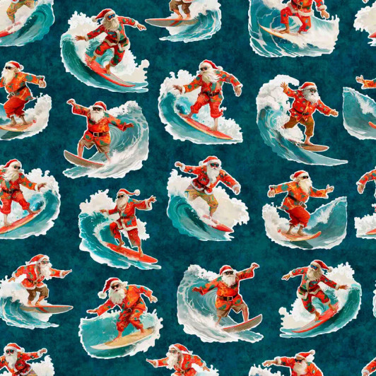 Gotta Have It Surfing Santas Teal 31191-QB Cotton Quilting Fabric