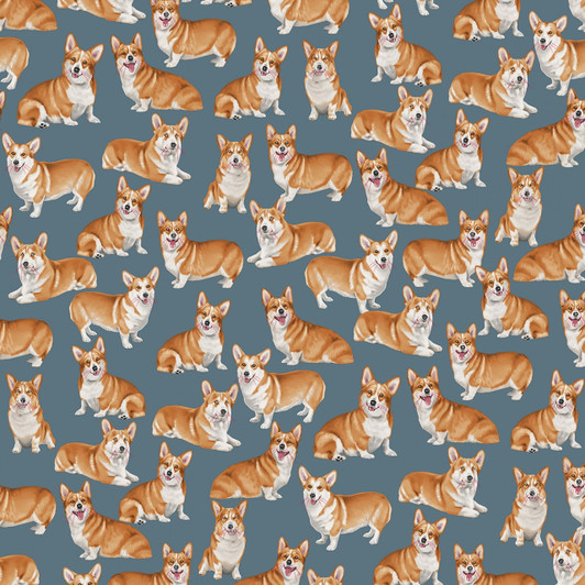 Corgi Dogs Grey Background Cotton Quilting Fabric