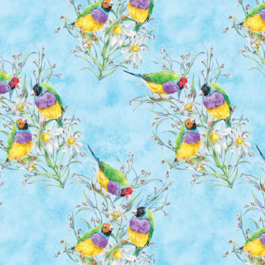 Bird Bouquets Gouldian Finches Blue Kayla Reay DV7046 Cotton Quilting Fabric Bird Bouquets Gouldian Finches Blue Kayla Reay DV7046 Cotton Quilting Fabric