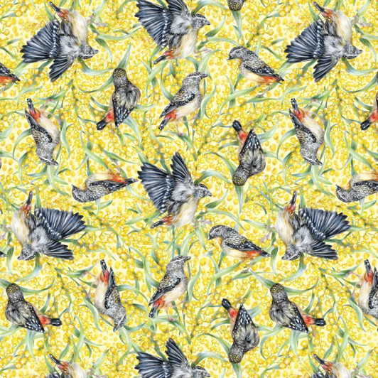 Bird Bouquets Pardalotes and Wattle Kayla Reay DV7052 Cotton Quilting Fabric