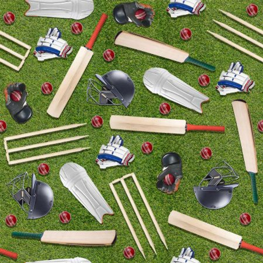 Cricket Season Cricket Gear Grass Background 4094C Cotton Quilting Fabric Cricket Season Cricket Gear Grass Background 4094C Cotton Quilting Fabric