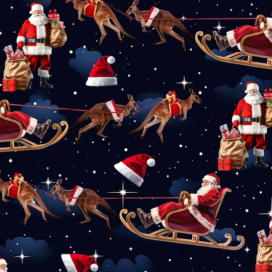 Santa In Oz Aussie Christmas Night Flying Kangaroos and Sleighs 4107G Cotton Quilting Fabric Santa In Oz Aussie Christmas Night Flying Kangaroos and Sleighs 4107G Cotton Quilting Fabric