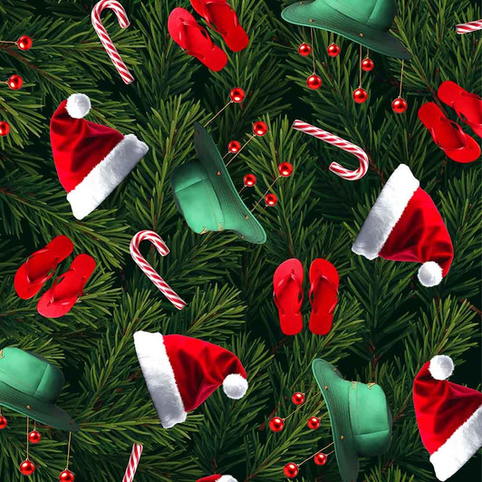 Santa In Oz Aussie Christmas Hats Thongs Candy Canes 4107J Cotton Quilting Fabric Santa In Oz Aussie Christmas Hats Thongs Candy Canes 4107J Cotton Quilting Fabric
