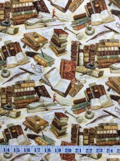 Books Victorian Vintage parchment Pens Cotton Quilting Fabric