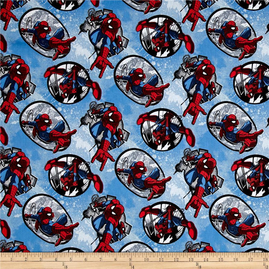Spiderman Badge Blue Background Cotton Quilting Fabric