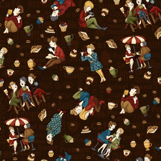 Coffee Escapes Coffee Ladies Tossed Brown Cotton Quilting Fabric 1/2 YARD
