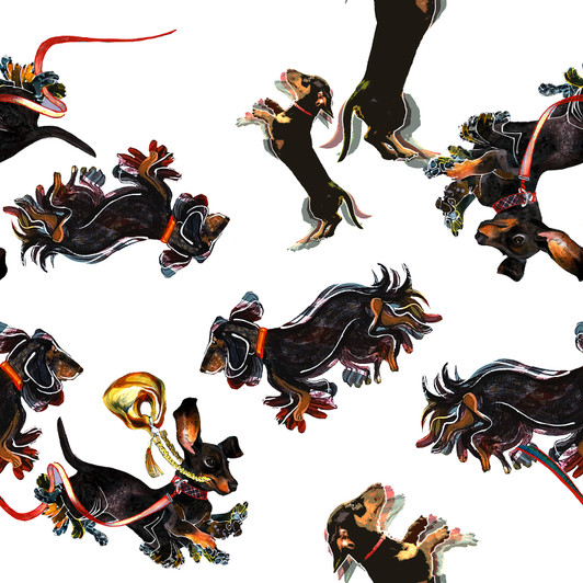 Fashion Dachshund Dogs Tracking White 4000K Cotton Quilting Fabric