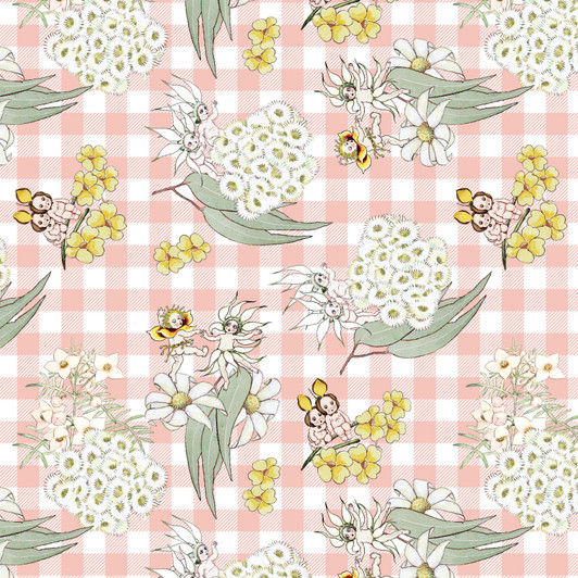 May Gibbs Garden Playtime Floral Pink Gingham MG1053 Cotton Quilting Fabric