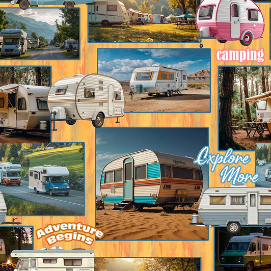 Retro Caravans Mixed Collage 4169D Cotton Quilting Fabric