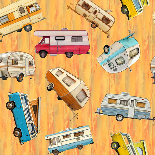 Retro Caravans Tossed Yellow 4169F Cotton Quilting Fabric