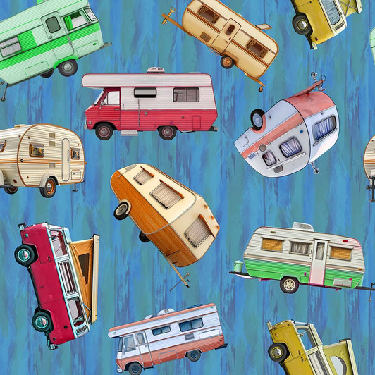 Retro Caravans Tossed Blue 4169H Cotton Quilting Fabric