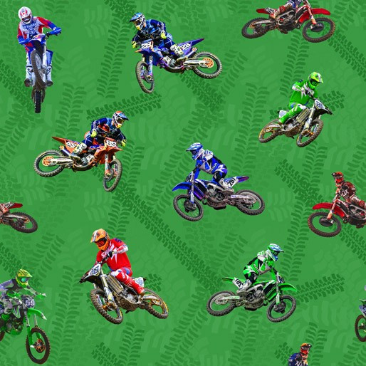 Motocross Maniacs Dirt Bikes Green Background 1137G Cotton Quilting Fabric