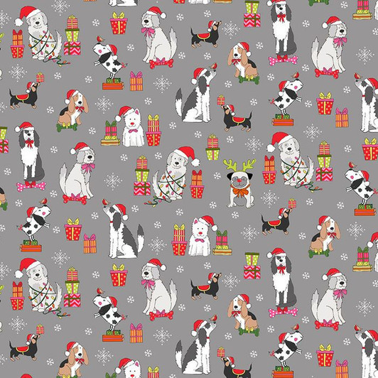 Yappy Christmas Dogs Presents Grey Cotton Quilting Fabric