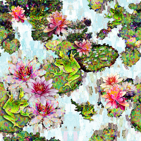 Fabulously Froggy Frogs Pond with Flowers 4065L Cotton Quilting Fabric