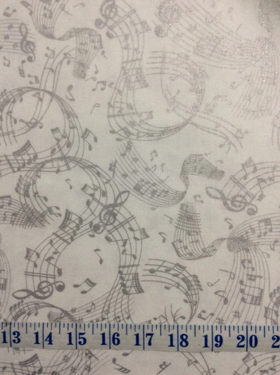 Music Swirl Metallic Silver White Cotton Quilting Fabric 85cms