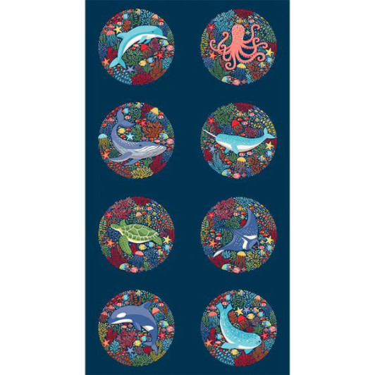 Deep Blue Sea Dolphin Turtle Whale Blue 145B Cotton Quilting Fabric 24 Inch Panel