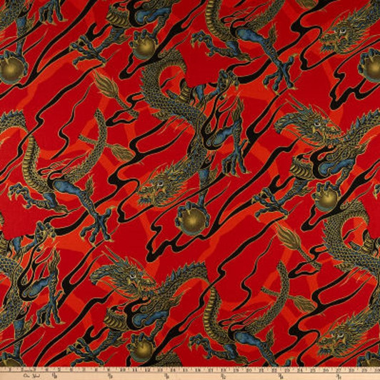 Asian Tatsu Dragon Gold Metallic Red Alexander Henry Cotton Quilting Fabric 155cms