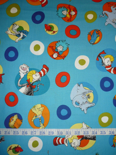 Celebrate Seuss Characters in Circles Blue Background Cotton Quilting Fabric