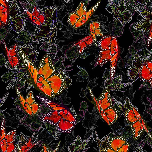 Flutter and Bloom Orange Butterflies Dark Background 5005/05 Cotton Quilting Fabric