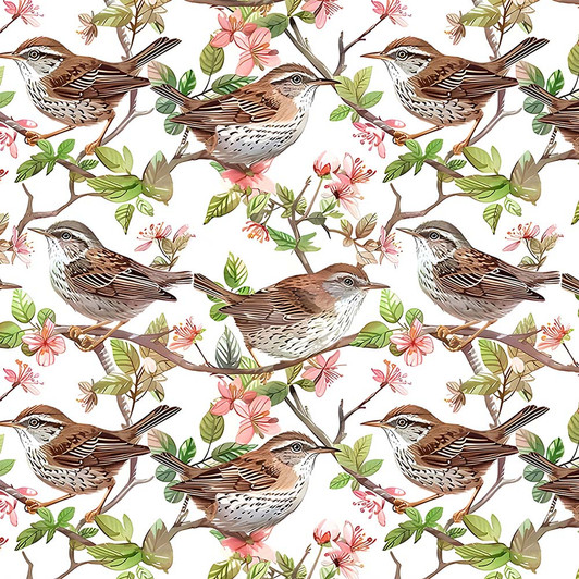 Field and Feather Wrens on Branches White 4160C Cotton Quilting Fabric