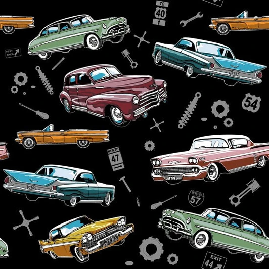 Classic Cars Black Cotton Quilting Fabric