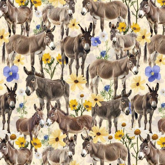 Homestead Hoofprints Donkeys Wildflowers 5055/04 Cotton Quilting Fabric
