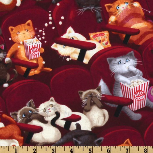 Cats at the Movie Theatre Scaredy Cat Wine Background Cotton Quilting Fabric