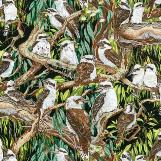 Australian Birds Kookaburras in Gum Trees Black Background Cotton Quilting Fabric 1/2 YARD Australian Birds Kookaburras in Gum Trees Black Background Cotton Quilting Fabric 1/2 YARD