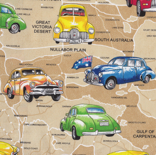 Old Holden Cars on Tan Australian Map Cotton Quilting Fabric
