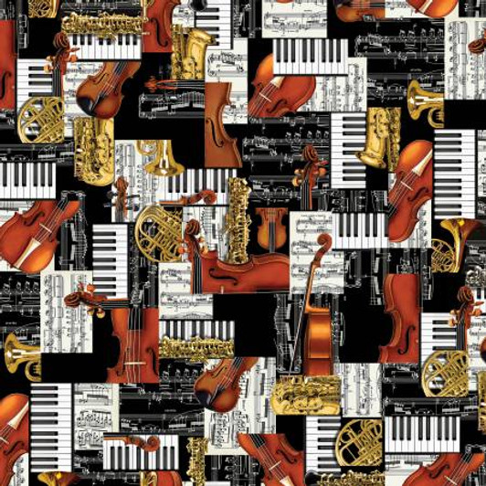 Classical Patchwork Multi Violins Saxophones Tubas Cotton Quilting Fabric 1/2 YARD Classical Patchwork Multi Violins Saxophones Tubas Cotton Quilting Fabric 1/2 YARD