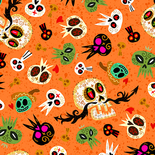 Hot Tamale Skulls Tossed Light Orange Cotton Quilting Fabric 1/2 YARD Hot Tamale Skulls Tossed Light Orange Cotton Quilting Fabric 1/2 YARD