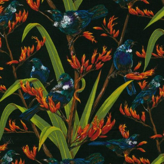 New Zealand Flax and Birds Black Background Cotton Quilting Fabric 1/2 YARD New Zealand Flax and Birds Black Background Cotton Quilting Fabric 1/2 YARD
